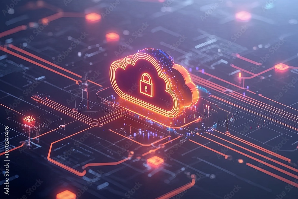 Poster digital cloud security concept with a locked cloud symbol and circuitry design in a high-tech enviro