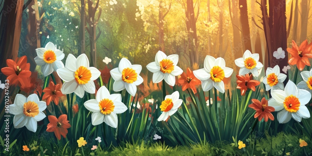 Poster vibrant and colorful daffodil flowers set against a backdrop of the forest and spring scenery.