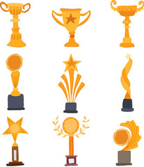 gold trophy set cartoon. prize winner, honor accolade, recognition excellence gold trophy sign. isolated symbol vector illustration