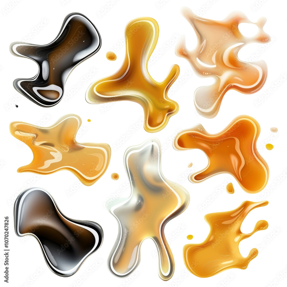 Poster golden and brown fluid shapes set isolated on transparent background. glossy liquid drops and blobs