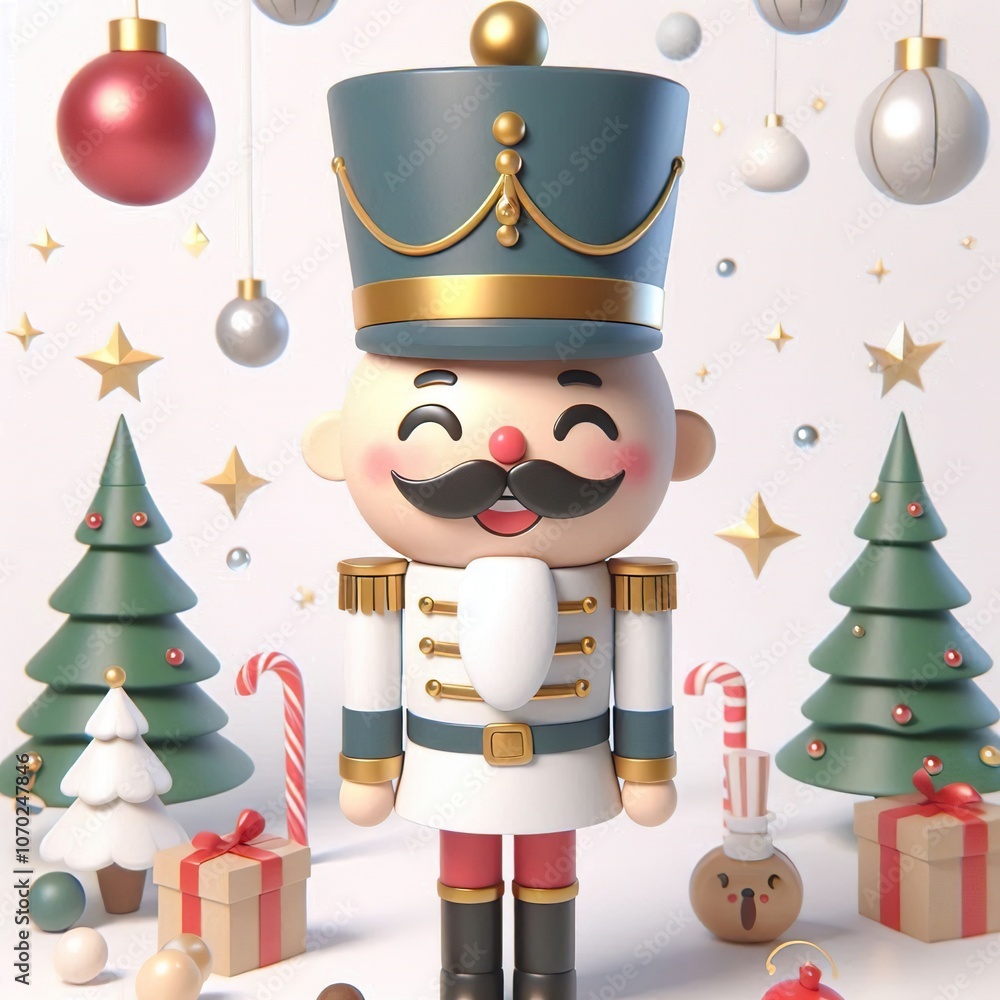 Wall mural a 3d Cute Smiling Nutcracker Christmas, full body, white background