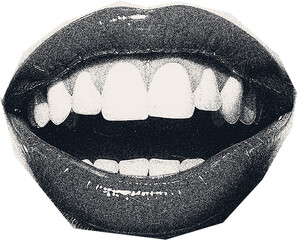 Magazine clipping, halftone photo of a woman's beautiful plump lips, open mouth, emotions.