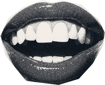 Magazine clipping, halftone photo of a woman's beautiful plump lips, open mouth, emotions.