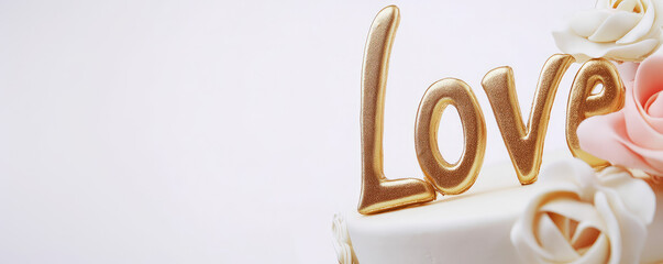 Love text lettering on top of decorated wedding cake. Sweet marriage celebration dessert, ceremony event party, simple background with copy space