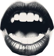 Magazine clipping, halftone photo of a woman's beautiful plump lips, open mouth, emotions.