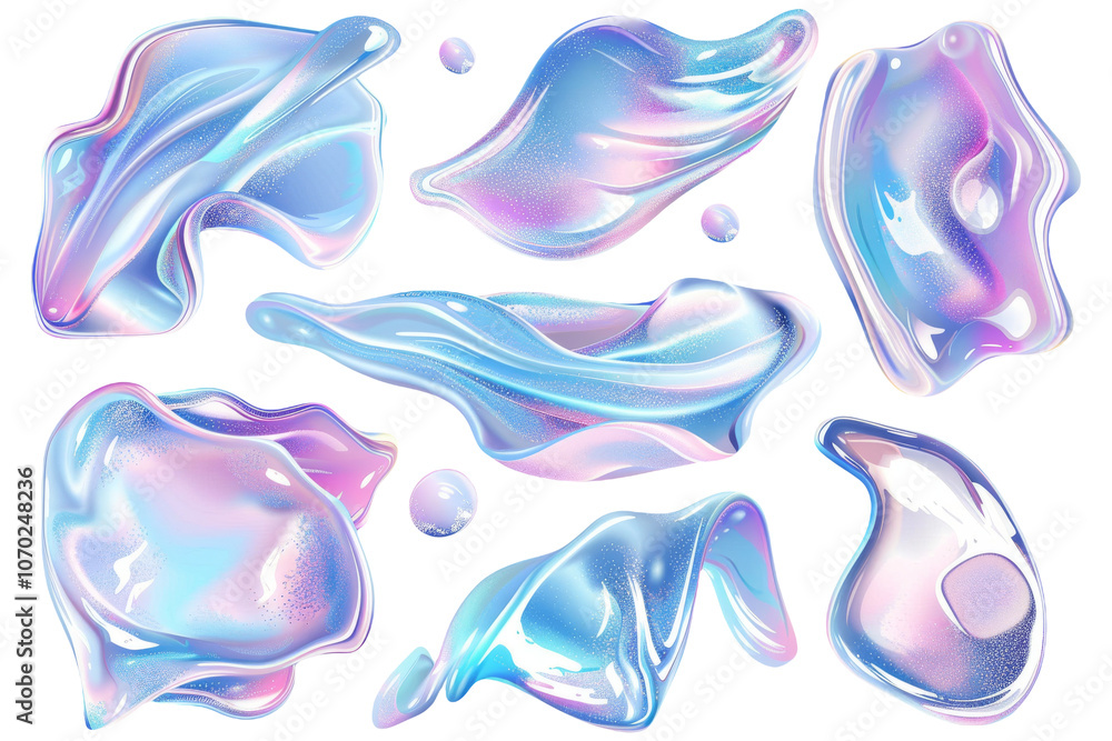 Poster soft blue and pink glossy liquid blobs isolated on transparent background. abstract fluid forms