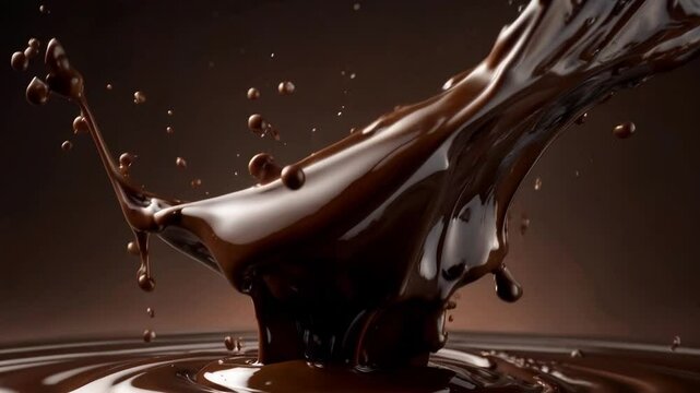 A rich and decadent splash of dark chocolate erupts from a pool of molten chocolate.