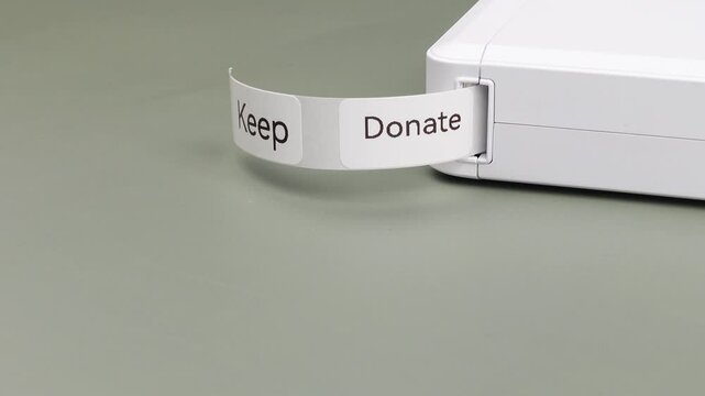 Label printer producing decluttering labels for organizing home spaces. Labels read Keep, Donate, Trash, and Maybe, as categories for effective sorting. Organized, clutter-free home environment.