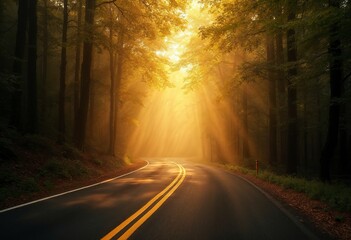 Obraz premium A winding road through a foggy forest with sunlight peeking through the trees, creating a warm, golden glow on the road