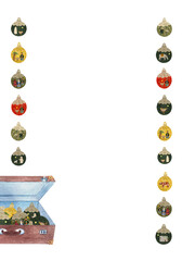 Christmas tree decorative ball in a vintage suitcase vertical frame isolated on white in watercolor. Illustration for posters, cards, stickers, posters, advent calendar, banner, New Year, stationary