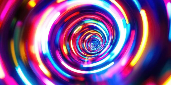 Abstract blurred multicolor neon lights swirl in a circular motion resembling a turbine, windmill, or wind-wheel during a party night, creating a vibrant title background, pattern