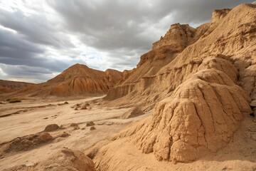Fototapeta premium Scenic view of an arid desert with eroded clay formations under a dramatic cloudy sky, showcasing natural textures and raw beauty of a dry, rugged terrain.