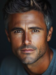 Fototapeta premium A close-up portrait of a man with grey-streaked hair and captivating brown eyes, set against a dark background, showcasing a confident expression in soft light