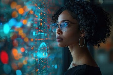 A young woman with in front of a big monitor in the middle of a modern server room. Collection and storage of large amounts of data. Checks the operation of servers and automation.