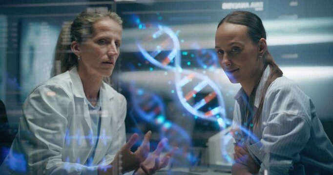 Physician And Patient Discuss Treatment with Projected DNA Helices Hologram. AI Molecular Epigenetic Hotspots And Protein-Binding Domains, Visualization Of Gene Expression, Targeted CRISPR Therapy