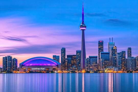 Torontos skyline reflects beautifully in the water at night