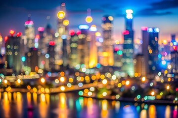 Obraz premium Vibrant blurred cityscape at night with colorful lights reflecting on water, creating an abstract, dreamy effect, ideal for modern design backgrounds or urban-themed projects.