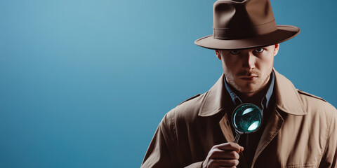 Portrait of detective on simple background with copy space. Serious detective man in a hat holding magnifying glass or loupe