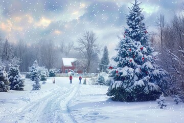 Snowy scene with a large Christmas tree, house, and two people, peaceful winter landscape