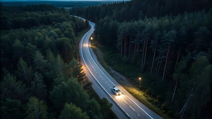 Drone Shot of Night Roads and Car in Forest Aerial View,Aerial Drone View of Car on Night Roads in Forest