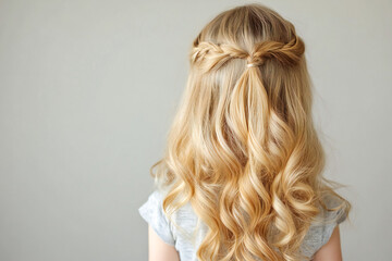Naklejka premium Beautiful blonde girl hair after hair coloring in the salon, shiny locks of hair and new hairstyle