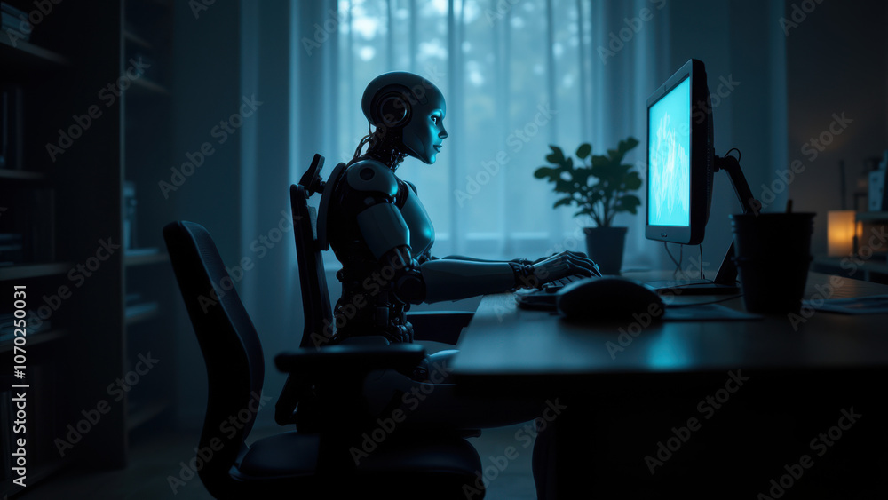 Poster robotic arm sitting at a desk working on a computer screen.