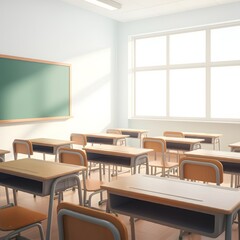 Empty classroom interior with rows of desks and chairs facing a large chalkboard, captured in hyper-realistic 4K HDR detail, set against a solid white background for a clean, minimalistic effect. Keyw