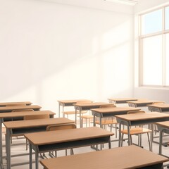 Empty classroom interior with rows of desks and chairs facing a large chalkboard, captured in hyper-realistic 4K HDR detail, set against a solid white background for a clean, minimalistic effect. Keyw