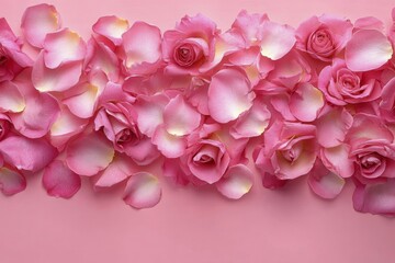 Obraz premium Delicate pink roses and petals arranged on a soft textured background for a romantic setting