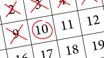 A calendar with red crosses marking past days and one circled date