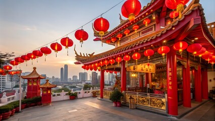 Chinese Shrine with Lanterns Celebrating Chinese New Year in Bangkok,Lantern Decorations at Chinese Shrine for Chinese New Year Celebration in Bangkok