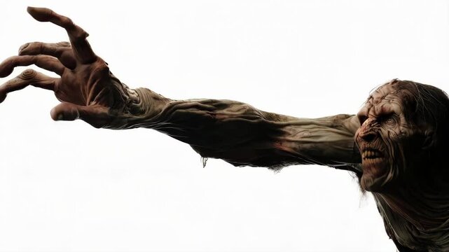 Creepy zombie trying to reach something with hand. Close up shot over white background