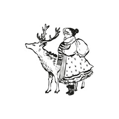 Merry Christmas and Happy New Year illustration, for greeting cards, posters, holiday covers. Xmas festive linocut black hand drawn.