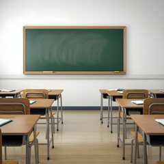 Empty classroom interior with rows of desks and chairs facing a large chalkboard, captured in hyper-realistic 4K HDR detail, set against a solid white background for a clean, minimalistic effect. Keyw