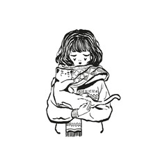 Merry Christmas and Happy New Year illustration, for greeting cards, posters, holiday covers. Xmas festive linocut black hand drawn.