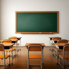 Empty classroom interior with rows of desks and chairs facing a large chalkboard, captured in hyper-realistic 4K HDR detail, set against a solid white background for a clean, minimalistic effect. Keyw