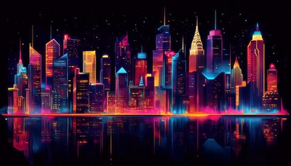 Fototapeta premium A vibrant night skyline of a futuristic city with glowing lights and reflections