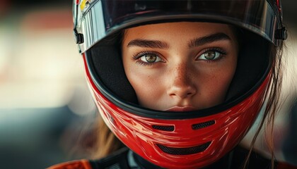 Young female racer preparing for a competition in a vibrant racing helmet at the track