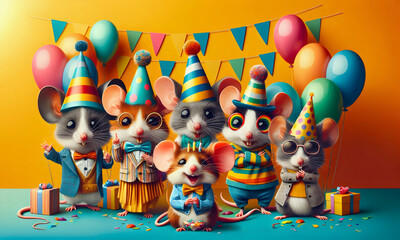 M&auml;use in Kost&uuml;men feiern eine Party, Luftballons, copy space