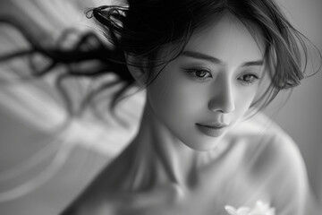 Naklejka premium Black and white portrait of a young ballerina girl with delicate freckles and a soft expression, Generative AI