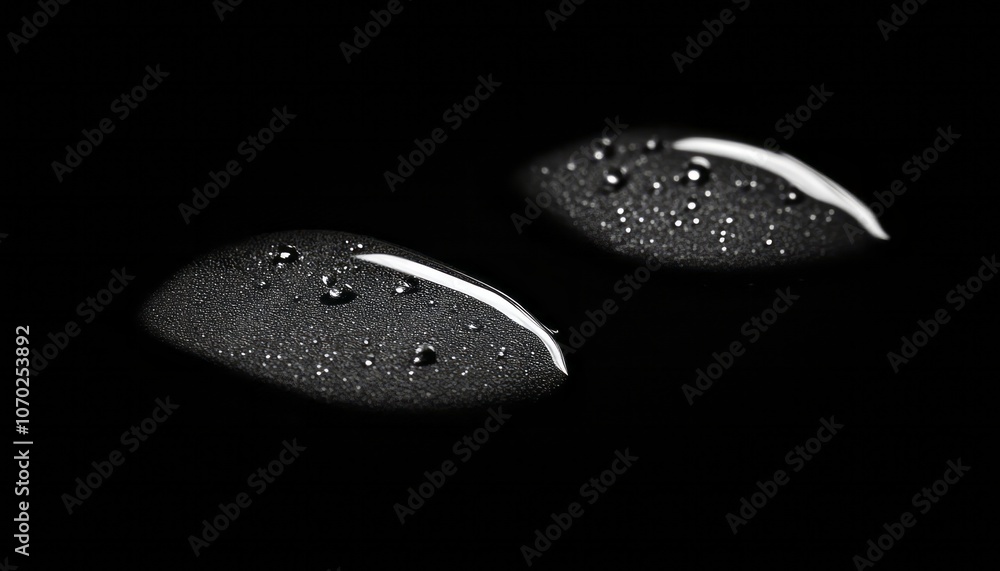 Poster water droplets on a dark surface creating an abstract visual pattern during nighttime