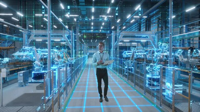 Technician Activates Futuristic Automotive Factory, Warehouse Construction of Robotic Arms and Vehicle Frames. Advanced Manufacturing Visualization Digital Twin Technology and Smart Production System