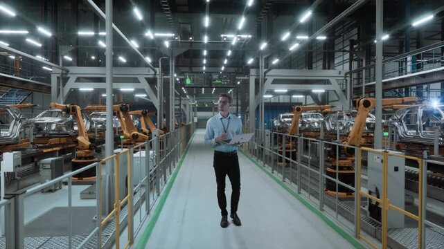 Engineer Holds Laptop Walks through Autonomous Automotive Assembly Line. Robotic Arms and Car Frames. Industrial Manufacturing Facility Working on EV Vehicle Production. Automated Assembly Plant. 