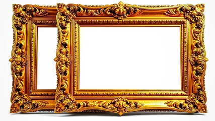 A pair of ornate gilded picture frames with elaborate carvings and a rich golden finish, isolated on a white background, ready to showcase precious memories or artistic masterpieces.