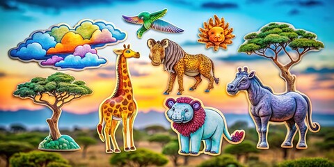 Obraz premium Drone Photography: Laser Cut Animal Stickers - Cloud, Bird, Tree, Hippo, Ostrich, Giraffe, Lion, Rhino