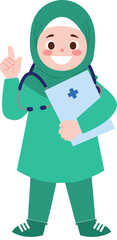 Muslim Female Doctor Cartoon Character Holding Clipboard and Stethoscope
