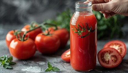 Bottle of tomato juice in hand on gray background 