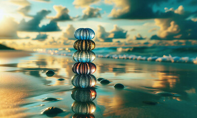 Obraz premium Farbige Seeigelgehäuse an einem Strand in der Sonne mit Reflektionen im nassen Sand