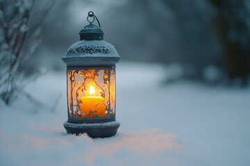 A lantern casting warm light on fresh snow in a quiet winter setting