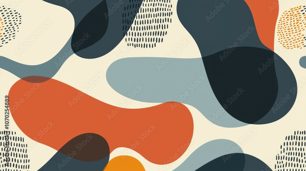 Poster abstract background with overlapping fluid shapes in various shades of blue, orange and brown on a c